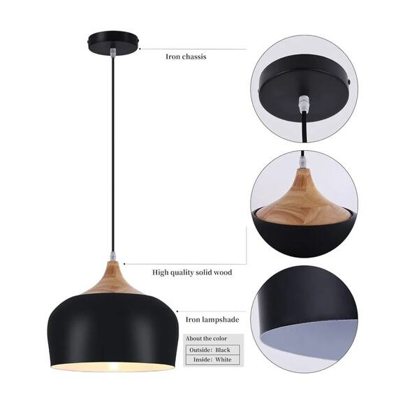 Modern Wood Dome Pendant Light – 12" Black Metal + Solid Wood, Adjustable Length - Picture 4 of 6